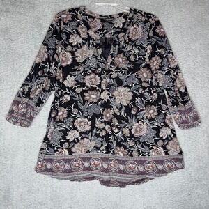 Lucky Brand Floral Print Tunic Top 1X Black Brown Gray Boho Blouse